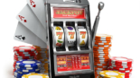 Online casino concept. Mobile phone, slot machine, dice and cards. 3d